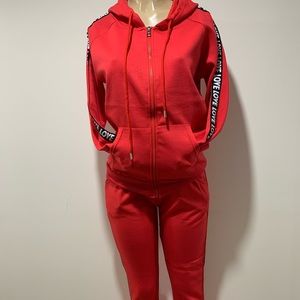 new 2 pcs women active sports red love hoodie set